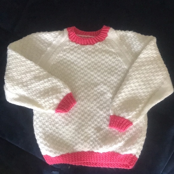SIZE 7, HAND KNIT SOFT White Sweater with Pink trim. - Picture 2 of 8